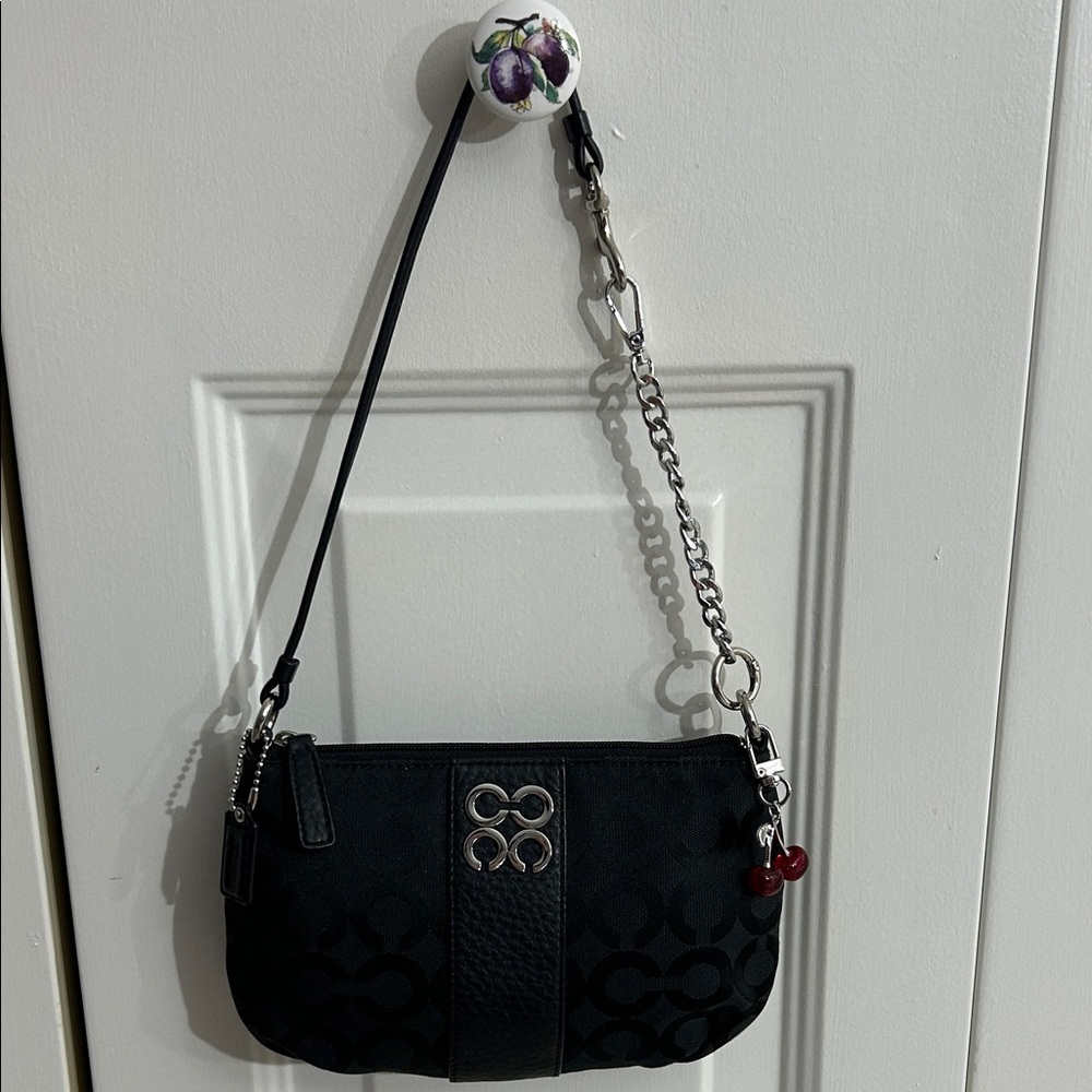 Coach Vintage Black Small Shoulder Bag with Silver Chain and Cherry Charm